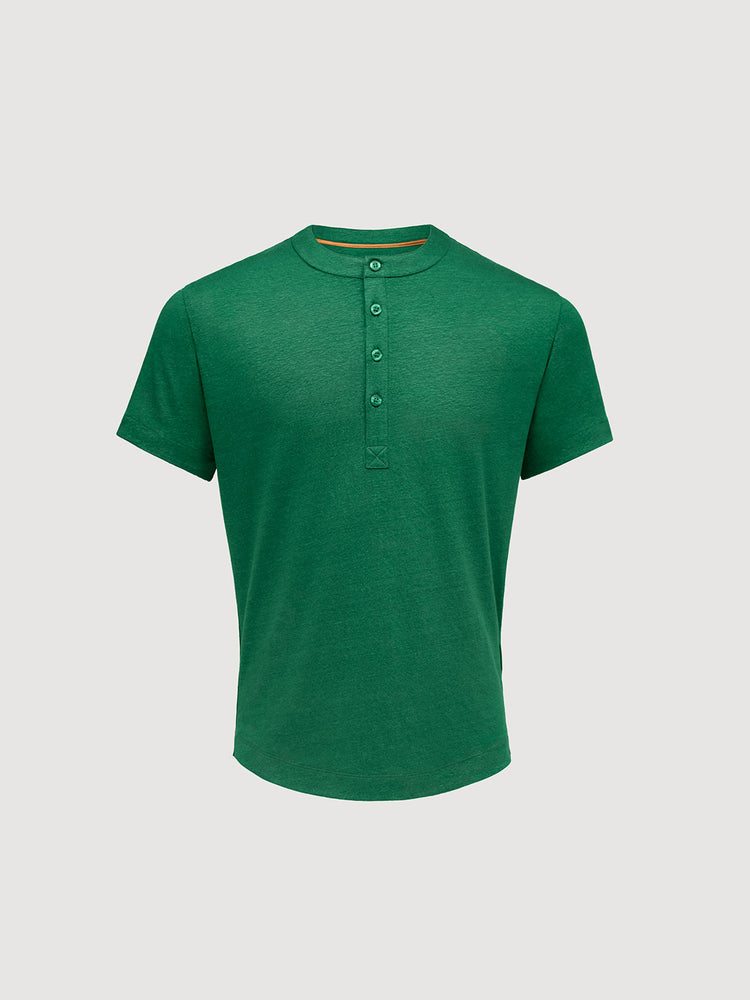 French Linen Short Sleeve Henley in *British Green* (forest green) — flat lay front | Y.Chroma