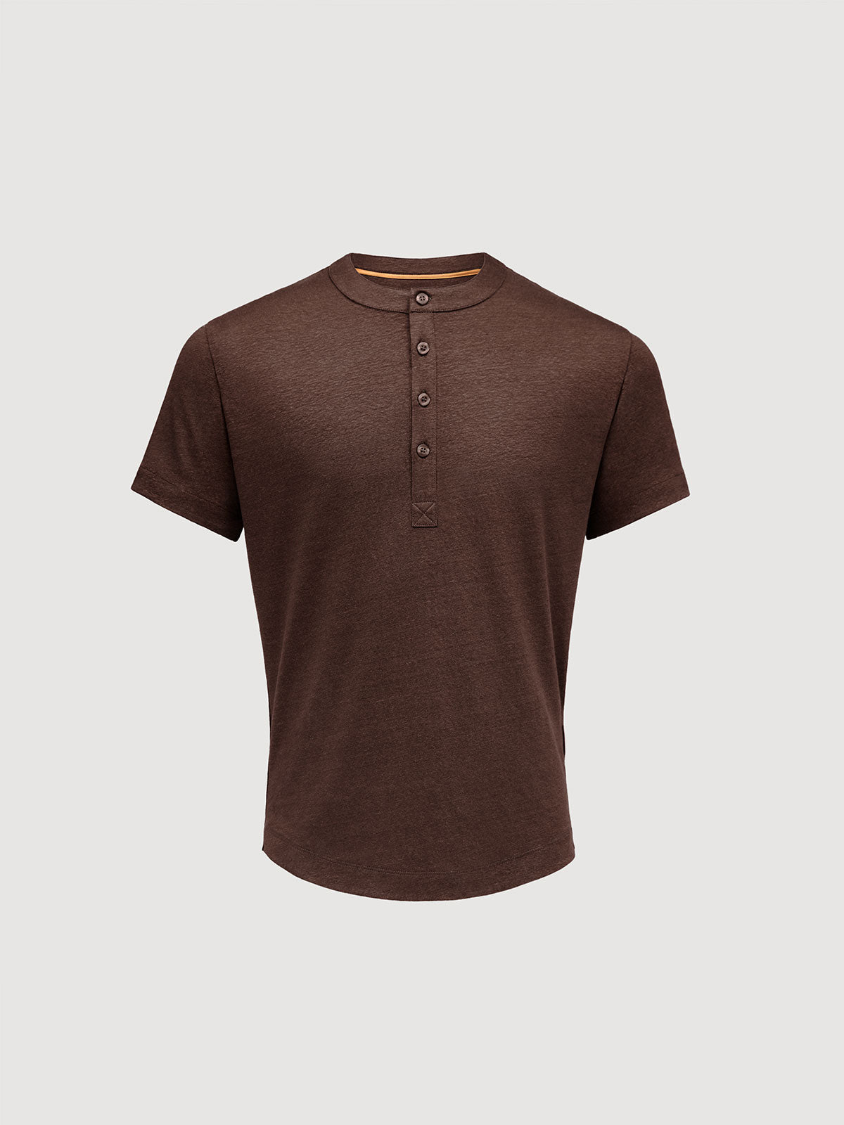 French Linen Short Sleeve Henley in *Java Brown* (warm brown) — flat lay front | Y.Chroma