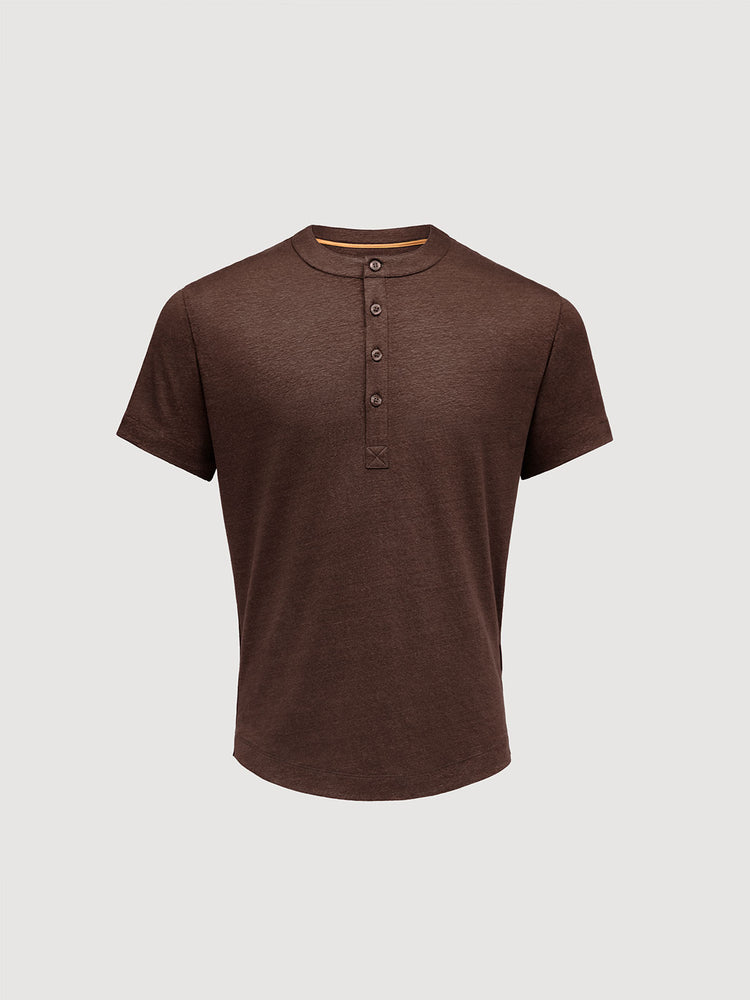 French Linen Short Sleeve Henley in *Java Brown* (warm brown) — flat lay front | Y.Chroma