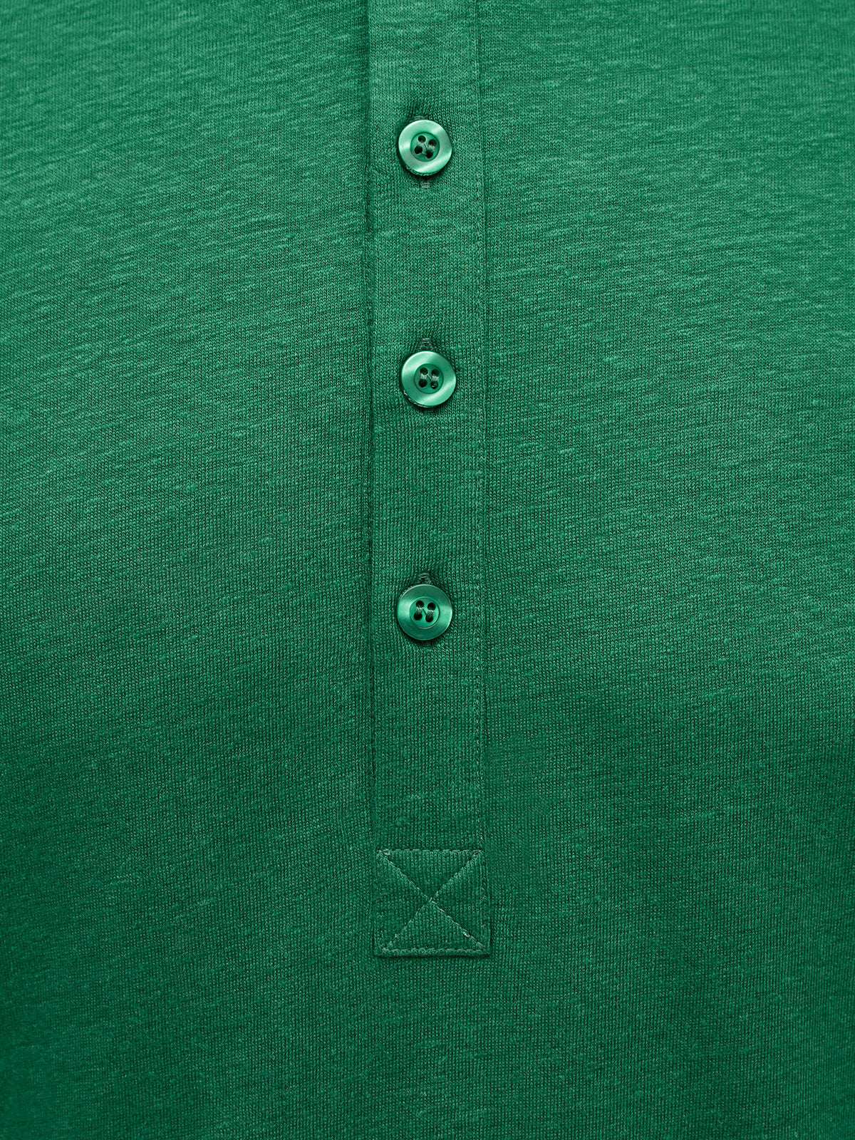 French Linen Short Sleeve Henley in *British Green* (forest green) — placket and three-button detail | Y.Chroma
