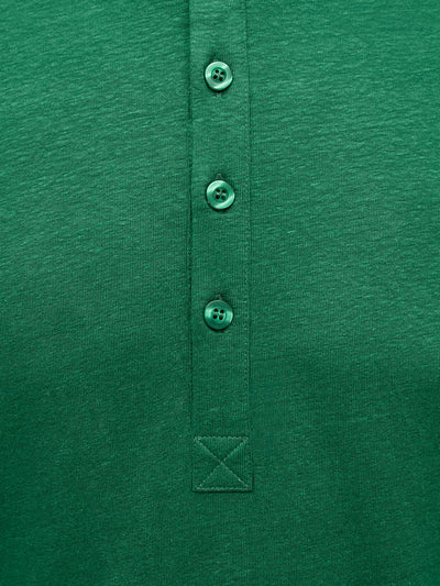 French Linen Short Sleeve Henley in *British Green* (forest green) — placket and three-button detail | Y.Chroma