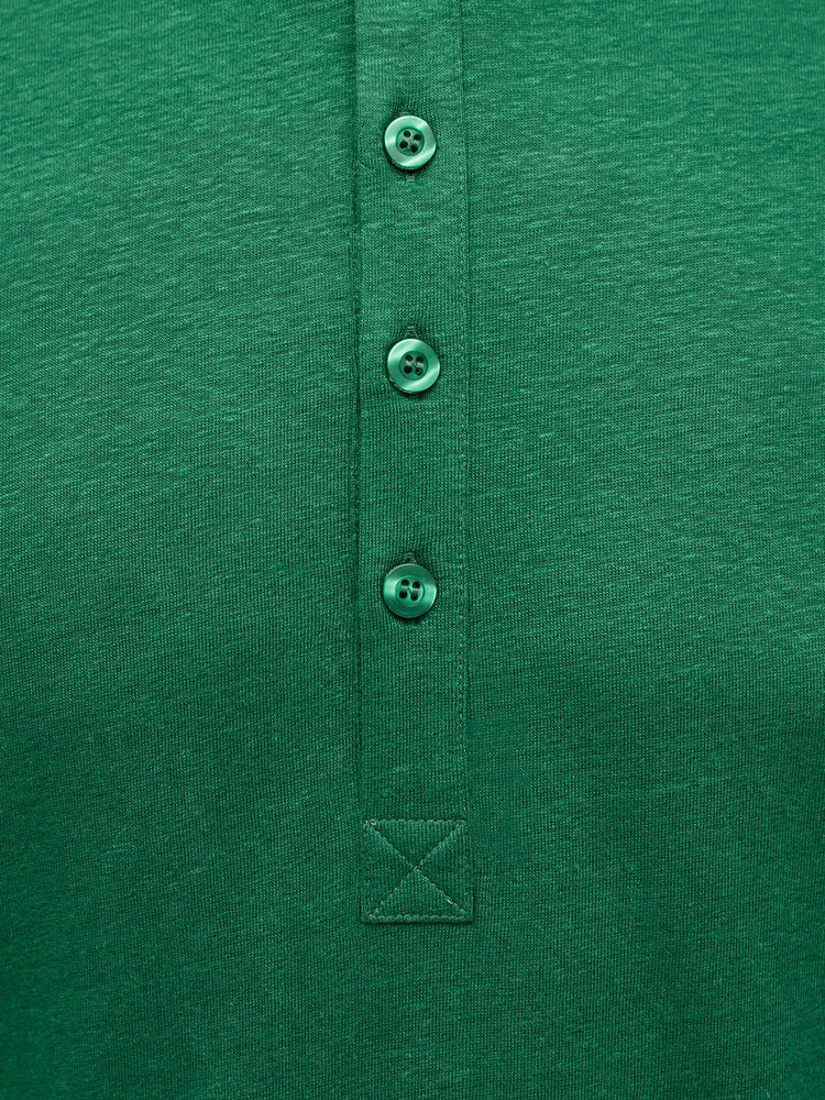 French Linen Short Sleeve Henley in *British Green* (forest green) — placket and three-button detail | Y.Chroma