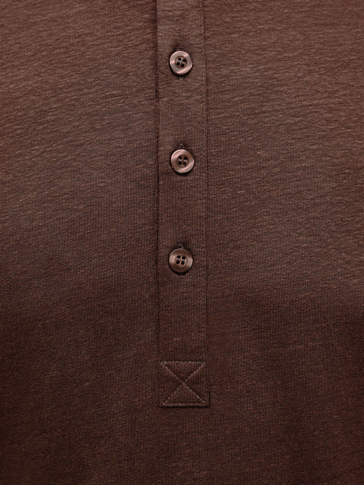 French Linen Short Sleeve Henley in *Java Brown* (warm brown) — placket and three-button detail | Y.Chroma