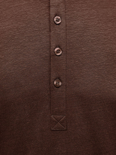 French Linen Short Sleeve Henley in *Java Brown* (warm brown) — placket and three-button detail | Y.Chroma