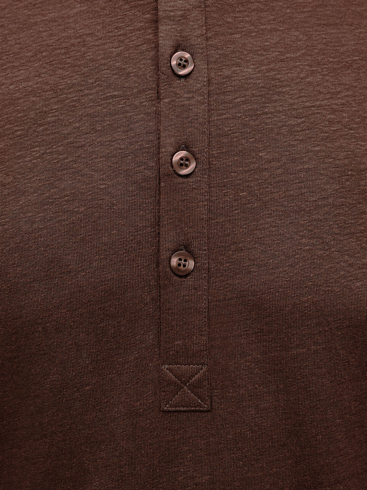 French Linen Short Sleeve Henley in *Java Brown* (warm brown) — placket and three-button detail | Y.Chroma