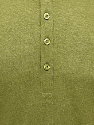 French Linen Short Sleeve Henley in *Military Olive* (olive green) — placket and three-button detail | Y.Chroma