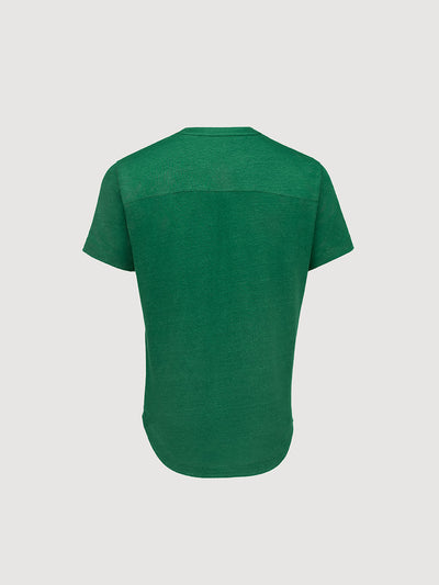 French Linen Short Sleeve Henley in *British Green* (forest green) — flat lay back | Y.Chroma