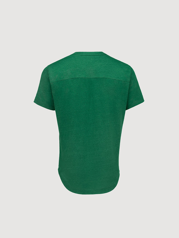 French Linen Short Sleeve Henley in *British Green* (forest green) — flat lay back | Y.Chroma