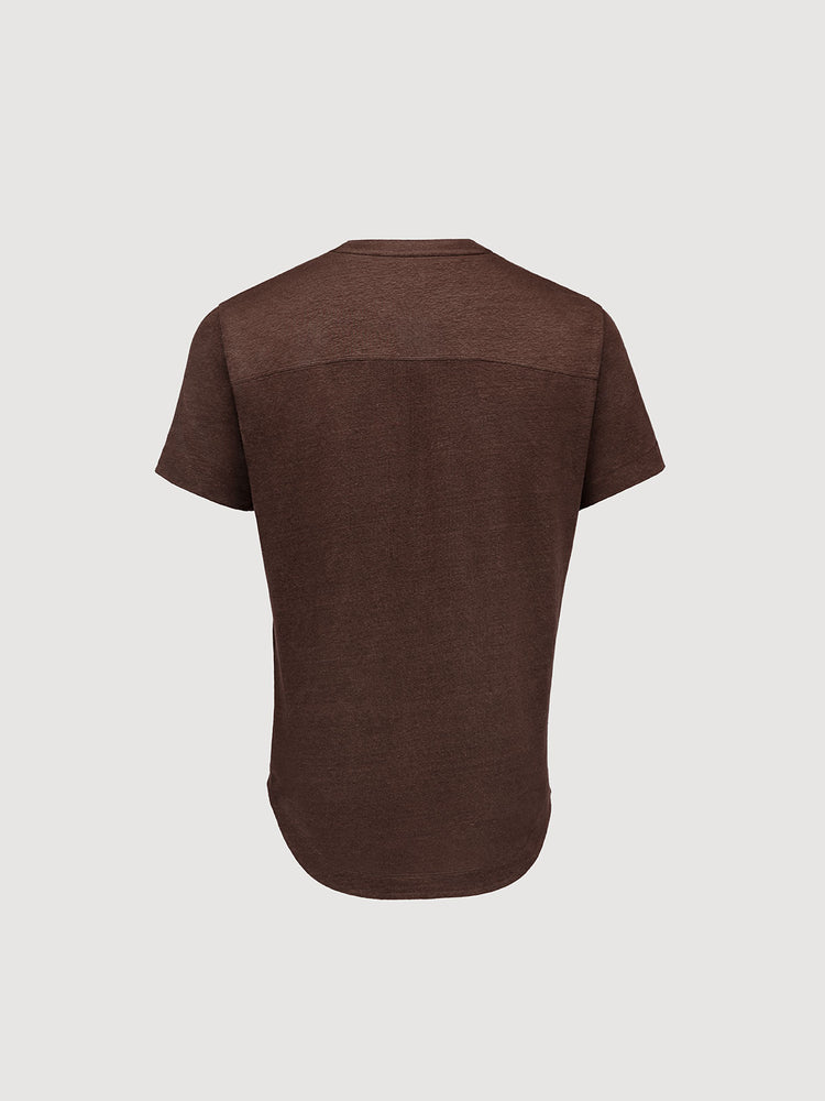 French Linen Short Sleeve Henley in *Java Brown* (warm brown) — flat lay back | Y.Chroma