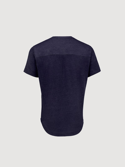 French Linen Short Sleeve Henley in *Midnight Blue* (navy blue) — flat lay back | Y.Chroma