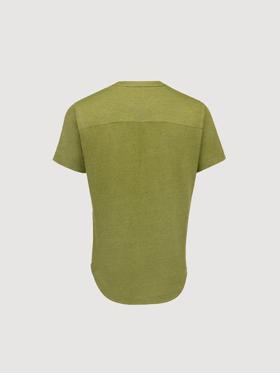 French Linen Short Sleeve Henley in *Military Olive* (olive green) — flat lay back | Y.Chroma