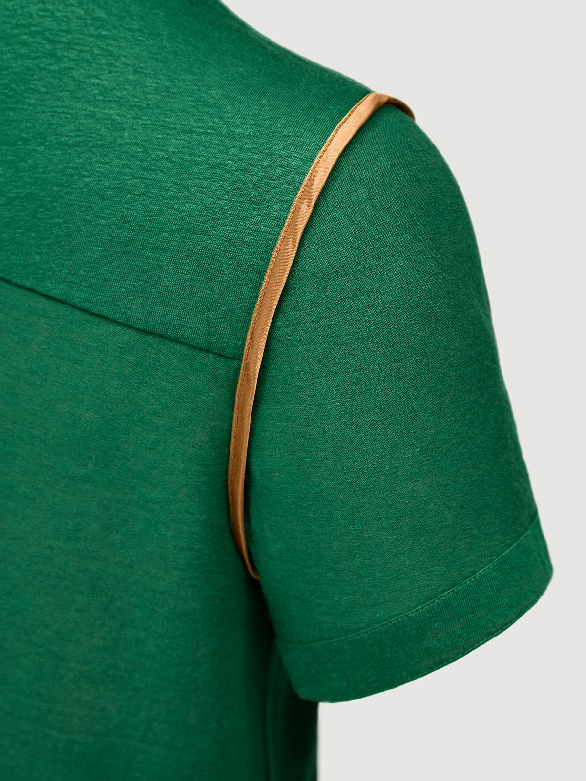 French Linen Short Sleeve Henley in *British Green* (forest green) — Cognac Silk™ armhole lining detail | Y.Chroma