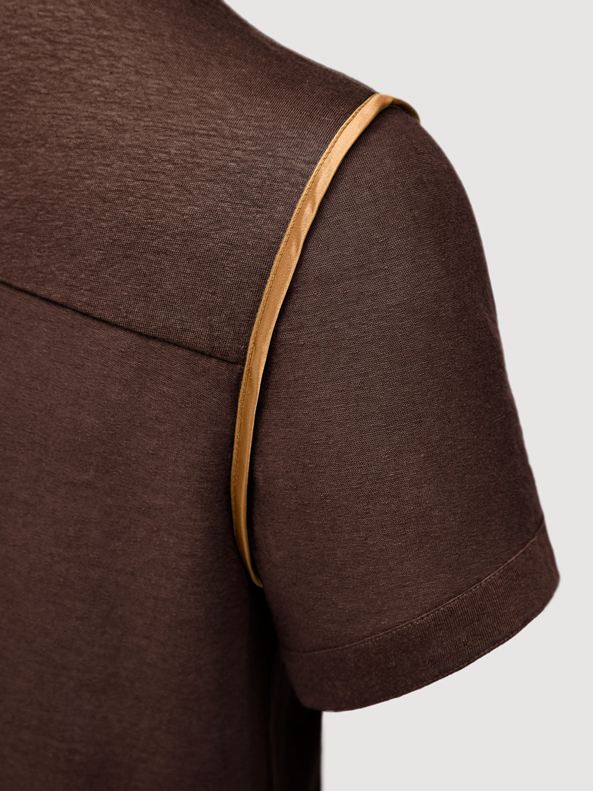 French Linen Short Sleeve Henley in *Java Brown* (warm brown) — Cognac Silk™ armhole lining detail | Y.Chroma
