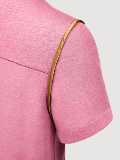 French Linen Short Sleeve Henley in *Quartz Pink* (dusty pink) — Cognac Silk™ armhole lining detail | Y.Chroma