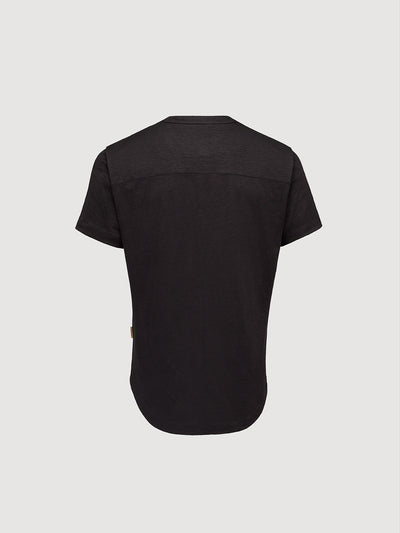 French Linen Short Sleeve Henley in *Berlin Black* (black) — flat lay back | Y.Chroma