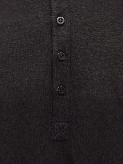 French Linen Short Sleeve Henley in *Berlin Black* (black) — placket and three-button detail | Y.Chroma