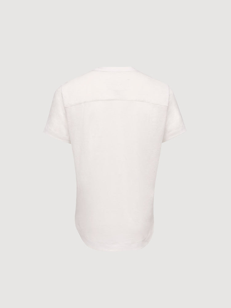 French Linen Short Sleeve Henley in *White Lotus* (off-white) — flat lay back | Y.Chroma