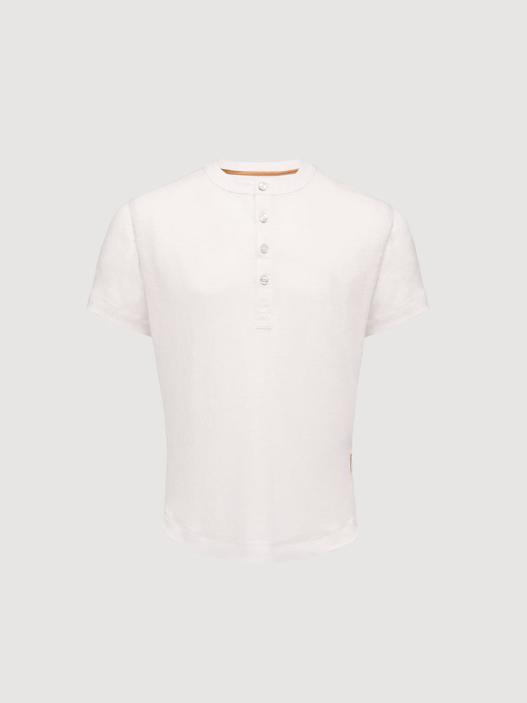 French Linen Short Sleeve Henley in *White Lotus* (off-white) — flat lay front | Y.Chroma