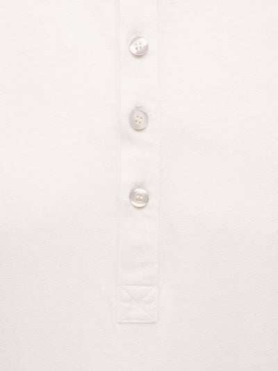 French Linen Short Sleeve Henley in *White Lotus* (off-white) — placket and three-button detail | Y.Chroma