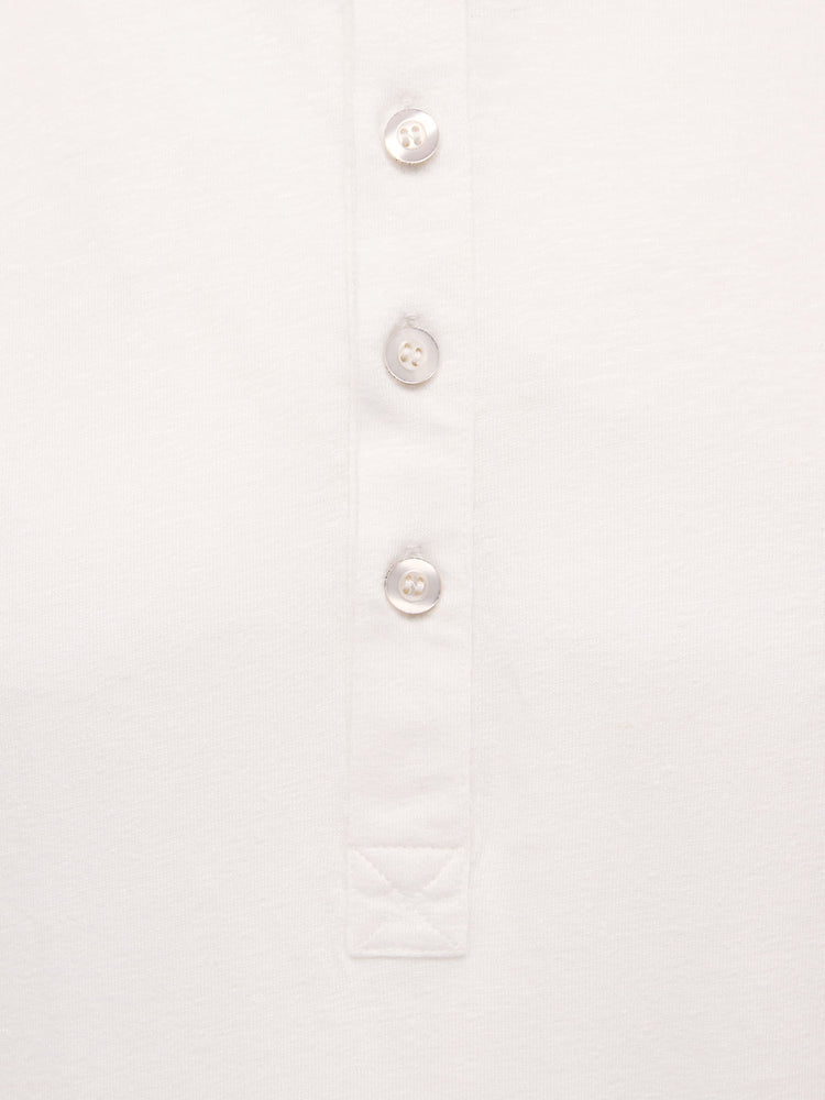 French Linen Short Sleeve Henley in *White Lotus* (off-white) — placket and three-button detail | Y.Chroma