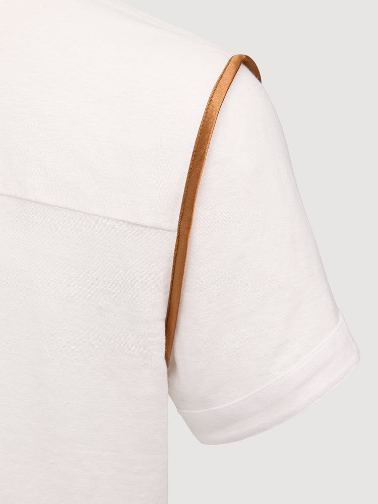 French Linen Short Sleeve Henley in *White Lotus* (off-white) — Cognac Silk™ armhole lining detail | Y.Chroma