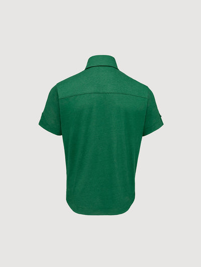 Madeira French Linen Short Sleeve Polo in *British Green* (forest green) — flat lay back | Y.Chroma