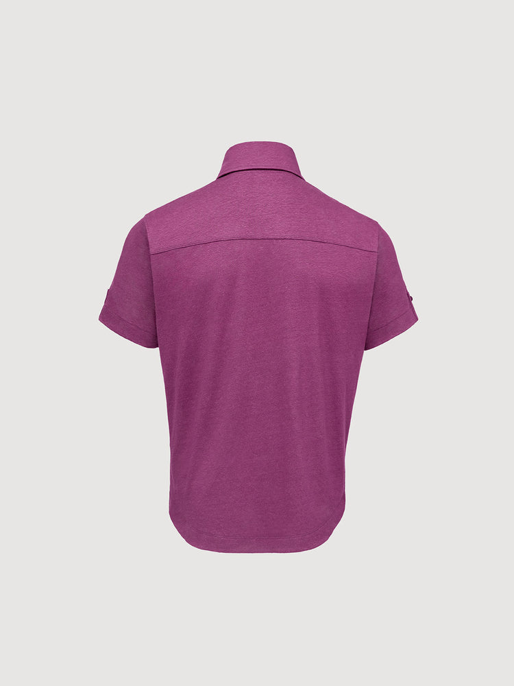 Madeira French Linen Short Sleeve Polo in *Italian Plum* (deep purple) — flat lay back | Y.Chroma