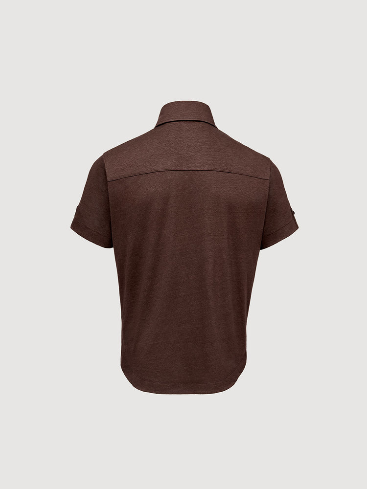Madeira French Linen Short Sleeve Polo in *Java Brown* (warm brown) — flat lay back | Y.Chroma