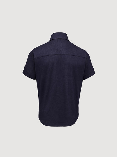 Madeira French Linen Short Sleeve Polo in *Midnight Blue* (navy blue) — flat lay back | Y.Chroma