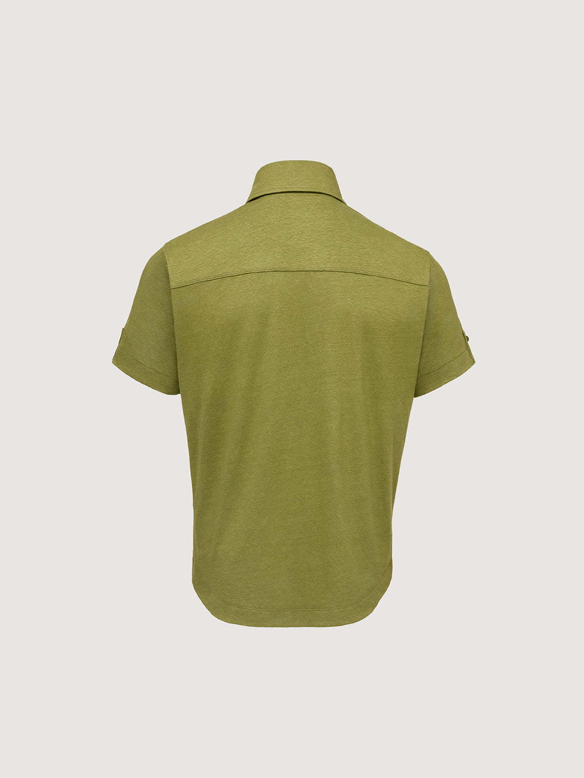 Madeira French Linen Short Sleeve Polo in *Military Olive* (olive green) — flat lay back | Y.Chroma