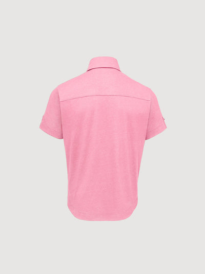 Madeira French Linen Short Sleeve Polo in *Quartz Pink* (dusty pink) — flat lay back | Y.Chroma
