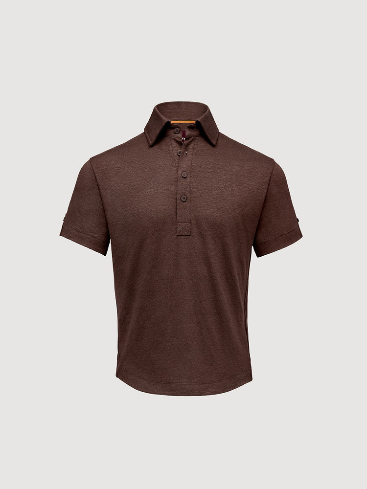Madeira French Linen Short Sleeve Polo in *Java Brown* (warm brown) — flat lay front | Y.Chroma