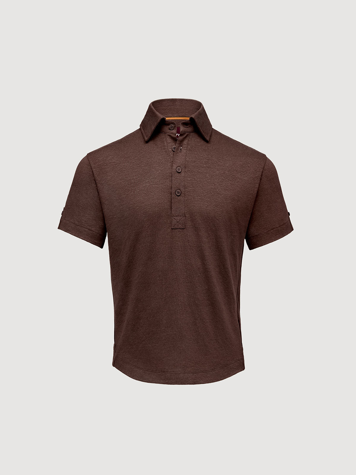 Madeira French Linen Short Sleeve Polo in *Java Brown* (warm brown) — flat lay front | Y.Chroma