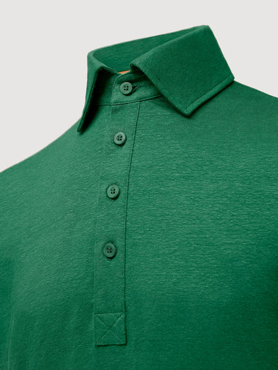 Madeira French Linen Short Sleeve Polo in *British Green* (forest green) — collar detail | Y.Chroma