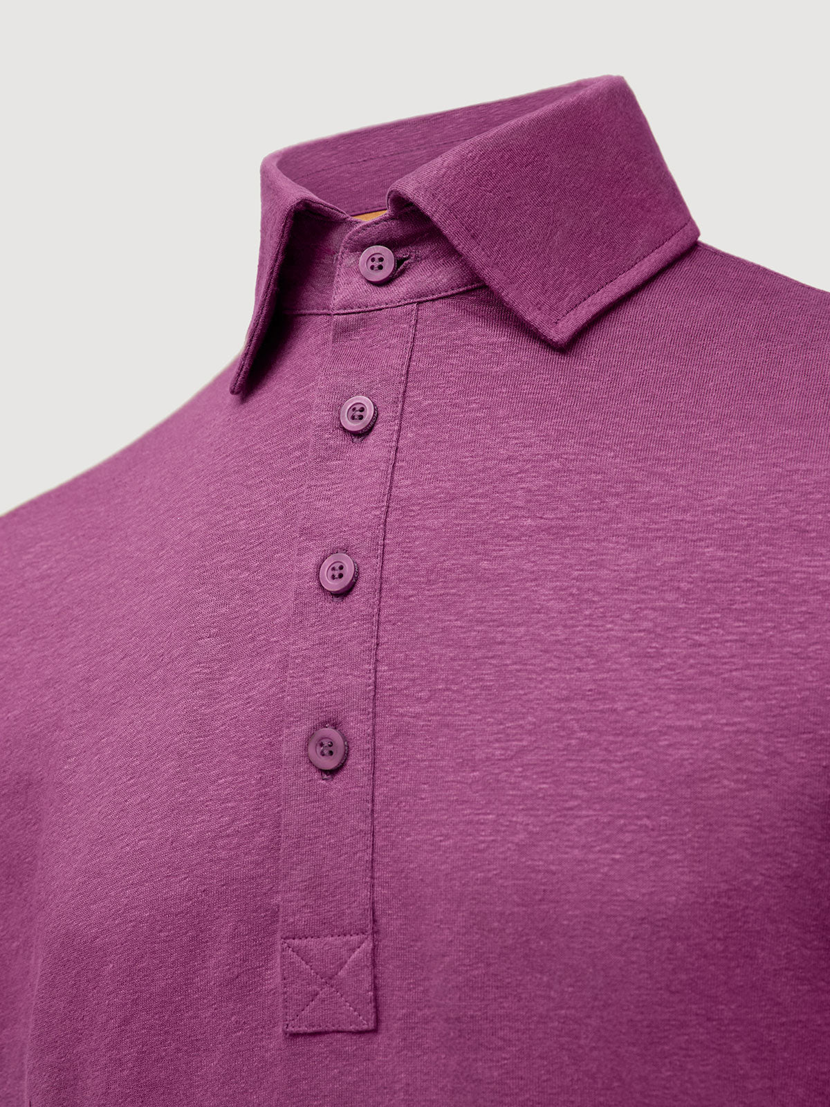 Madeira French Linen Short Sleeve Polo in *Italian Plum* (deep purple) — collar detail | Y.Chroma