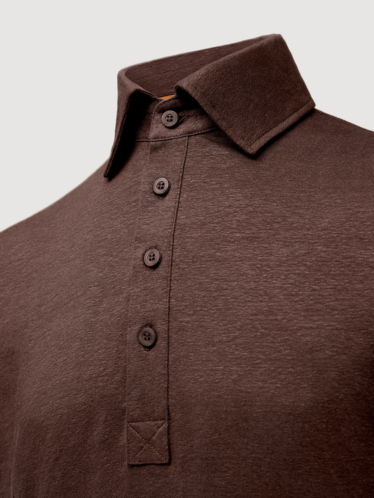 Madeira French Linen Short Sleeve Polo in *Java Brown* (warm brown) — collar detail | Y.Chroma