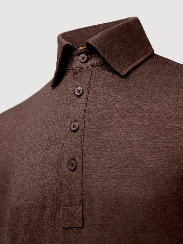 Madeira French Linen Short Sleeve Polo in *Java Brown* (warm brown) — collar detail | Y.Chroma