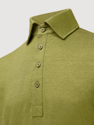 adeira French Linen Short Sleeve Polo in *Military Olive* (olive green) — collar detail | Y.Chroma
