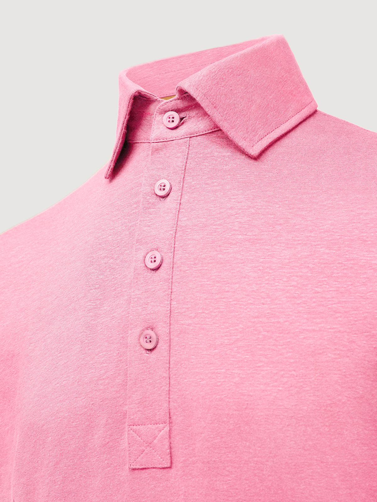 Madeira French Linen Short Sleeve Polo in *Quartz Pink* (dusty pink) — collar detail | Y.Chroma