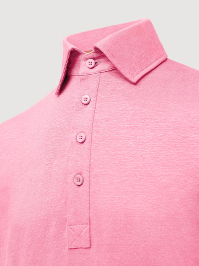 Madeira French Linen Short Sleeve Polo in *Quartz Pink* (dusty pink) — collar detail | Y.Chroma