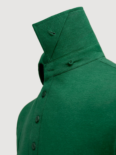 Madeira French Linen Short Sleeve Polo in *British Green* (forest green) — collar button system detail | Y.Chroma