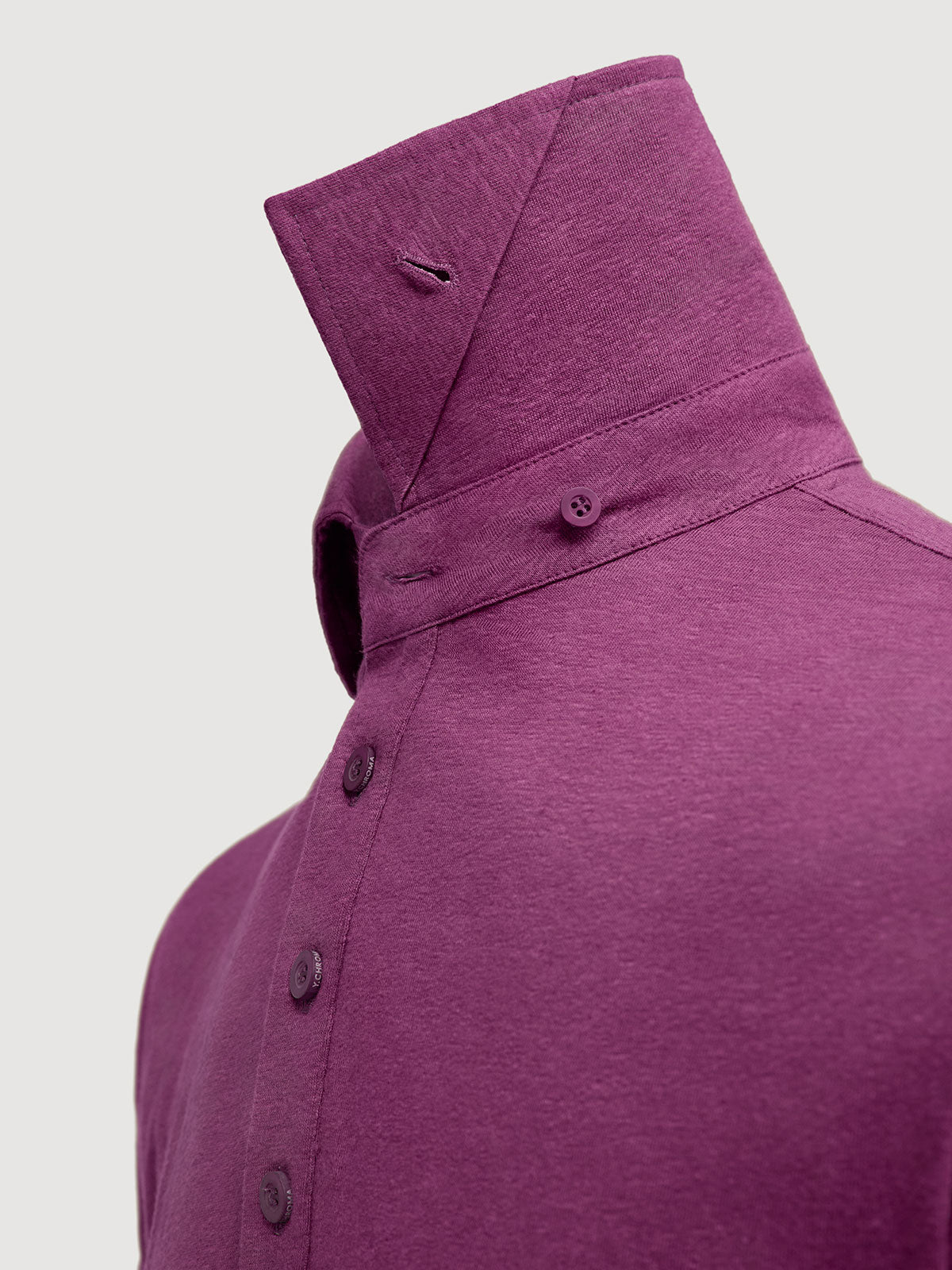 Madeira French Linen Short Sleeve Polo in *Italian Plum* (deep purple) — collar button system detail | Y.Chroma