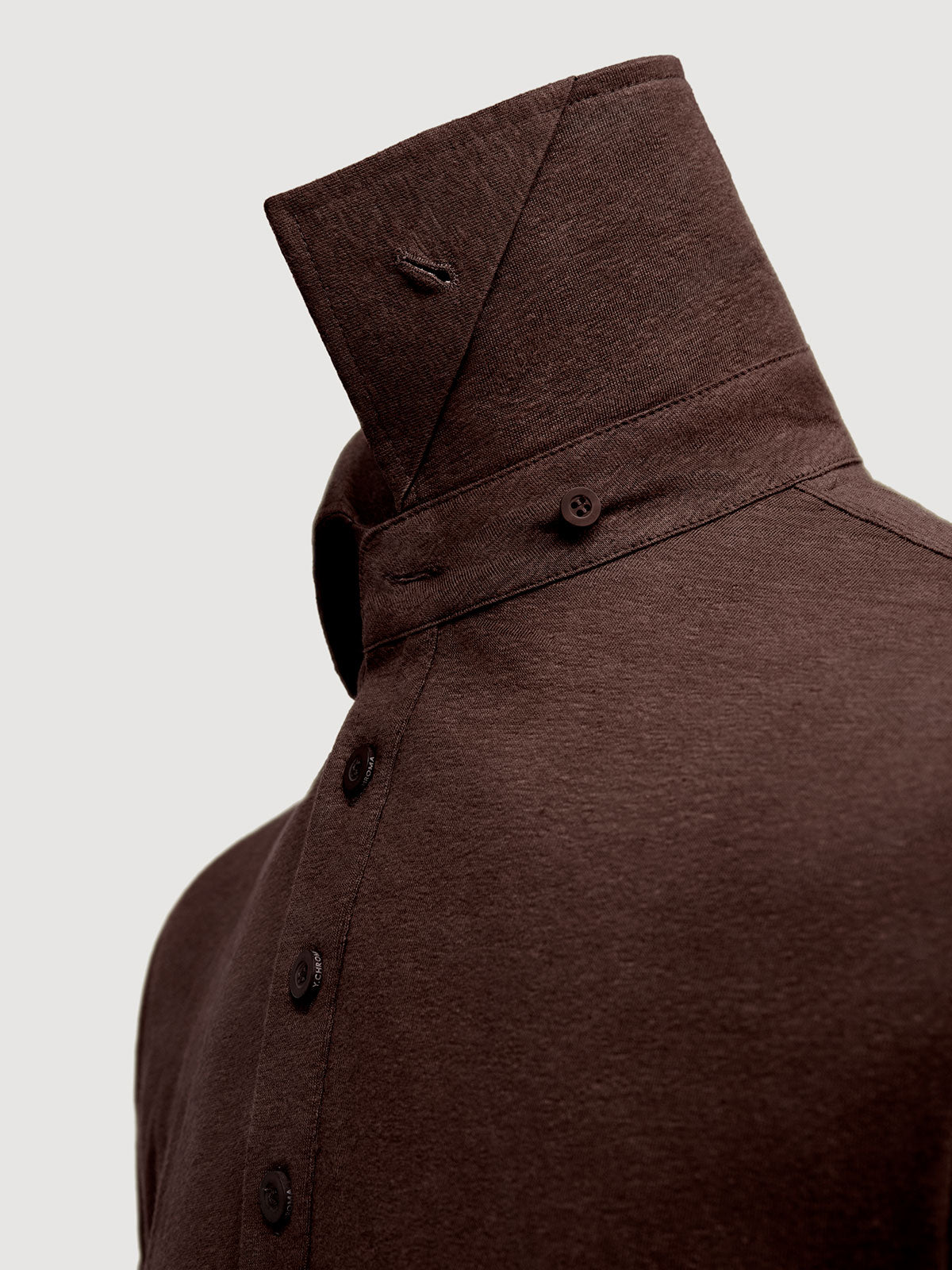 Madeira French Linen Short Sleeve Polo in *Java Brown* (warm brown) — collar button system detail | Y.Chroma