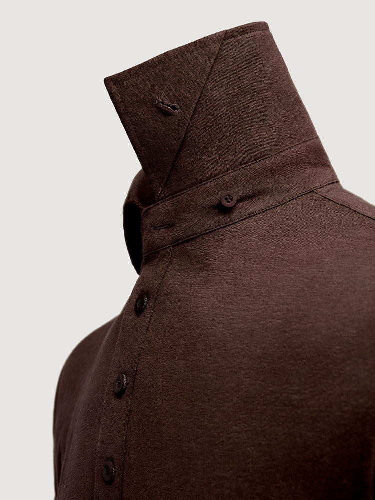 Madeira French Linen Short Sleeve Polo in *Java Brown* (warm brown) — collar button system detail | Y.Chroma