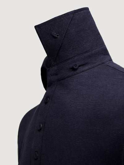 Madeira French Linen Short Sleeve Polo in *Midnight Blue* (navy blue) — collar button system detail | Y.Chroma