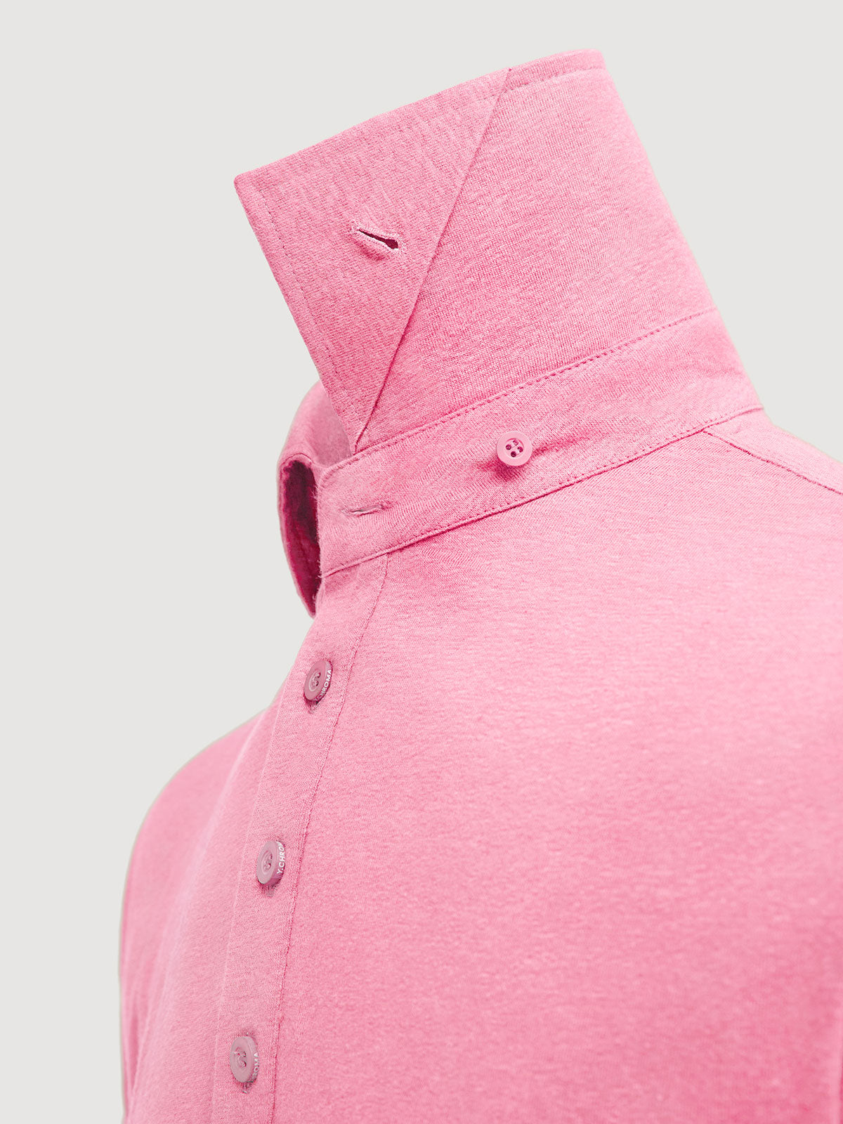 Madeira French Linen Short Sleeve Polo in *Quartz Pink* (dusty pink) — collar button system detail | Y.Chroma