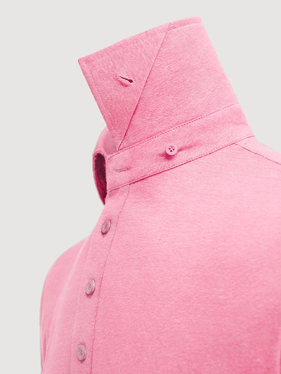 Madeira French Linen Short Sleeve Polo in *Quartz Pink* (dusty pink) — collar button system detail | Y.Chroma