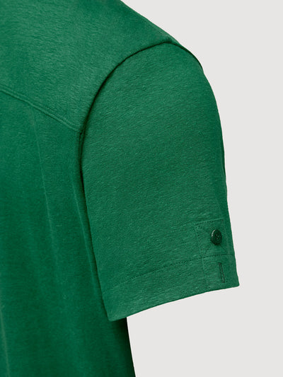 Madeira French Linen Short Sleeve Polo in *British Green* (forest green) — sleeve uncuffed detail | Y.Chroma