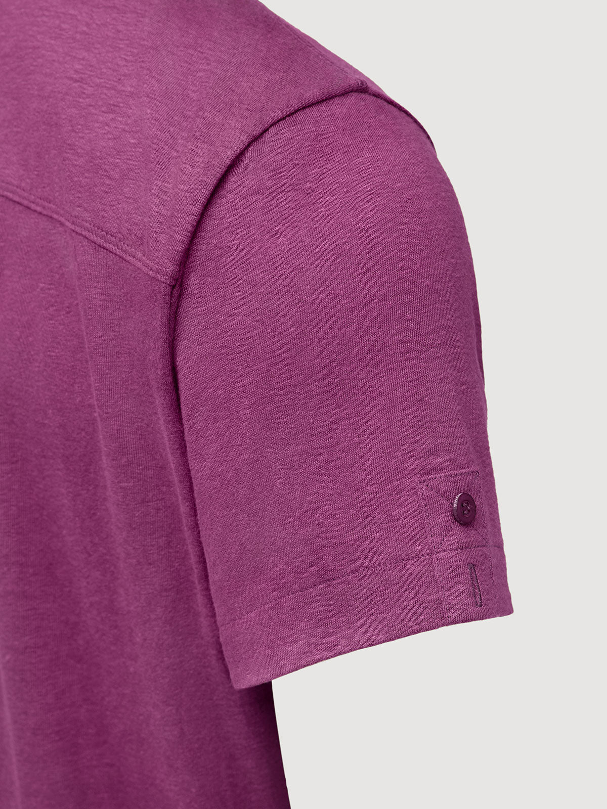 Madeira French Linen Short Sleeve Polo in *Italian Plum* (deep purple) — sleeve uncuffed detail | Y.Chroma