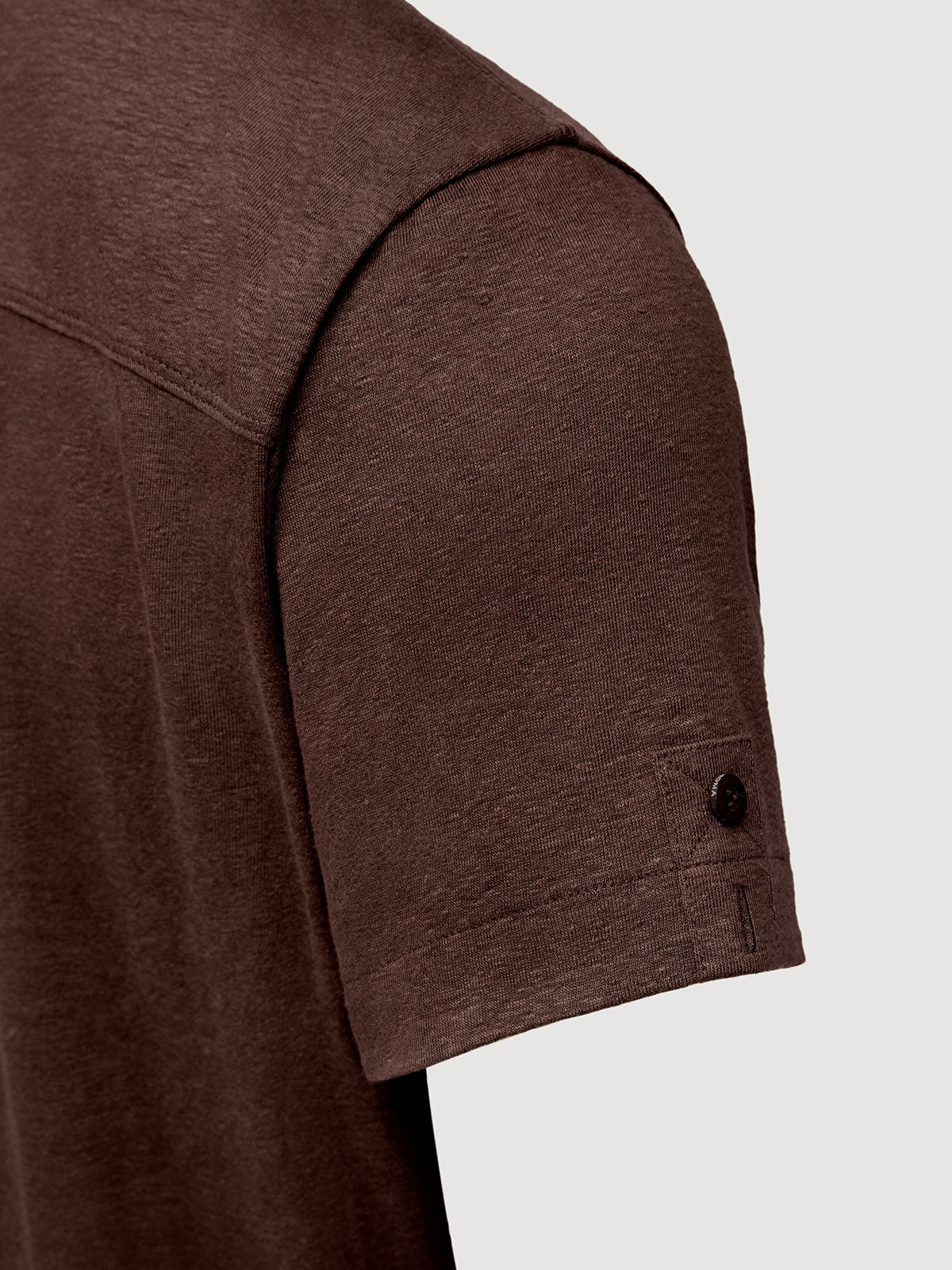 Madeira French Linen Short Sleeve Polo in *Java Brown* (warm brown) — sleeve uncuffed detail | Y.Chroma